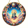 A circular acrylic suncatcher featuring a depiction of the Virgin Mary surrounded by clouds and celestial elements.