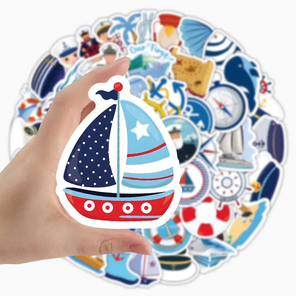 A hand holds a round sticker pack featuring various sailing and nautical cartoon stickers.