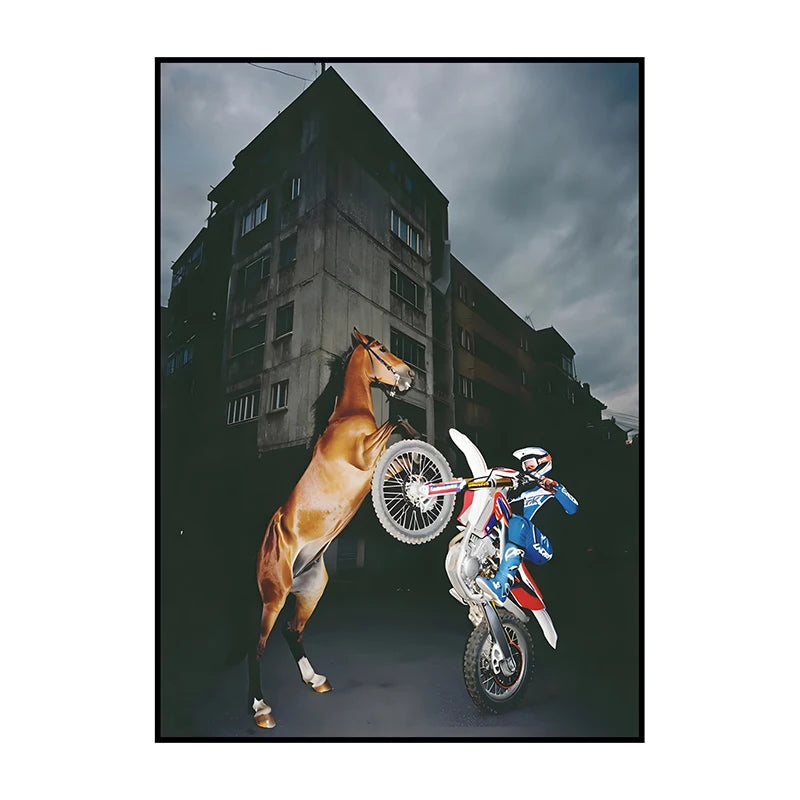 A painting depicting a brown horse and a rider in motion against a dark, moody sky.