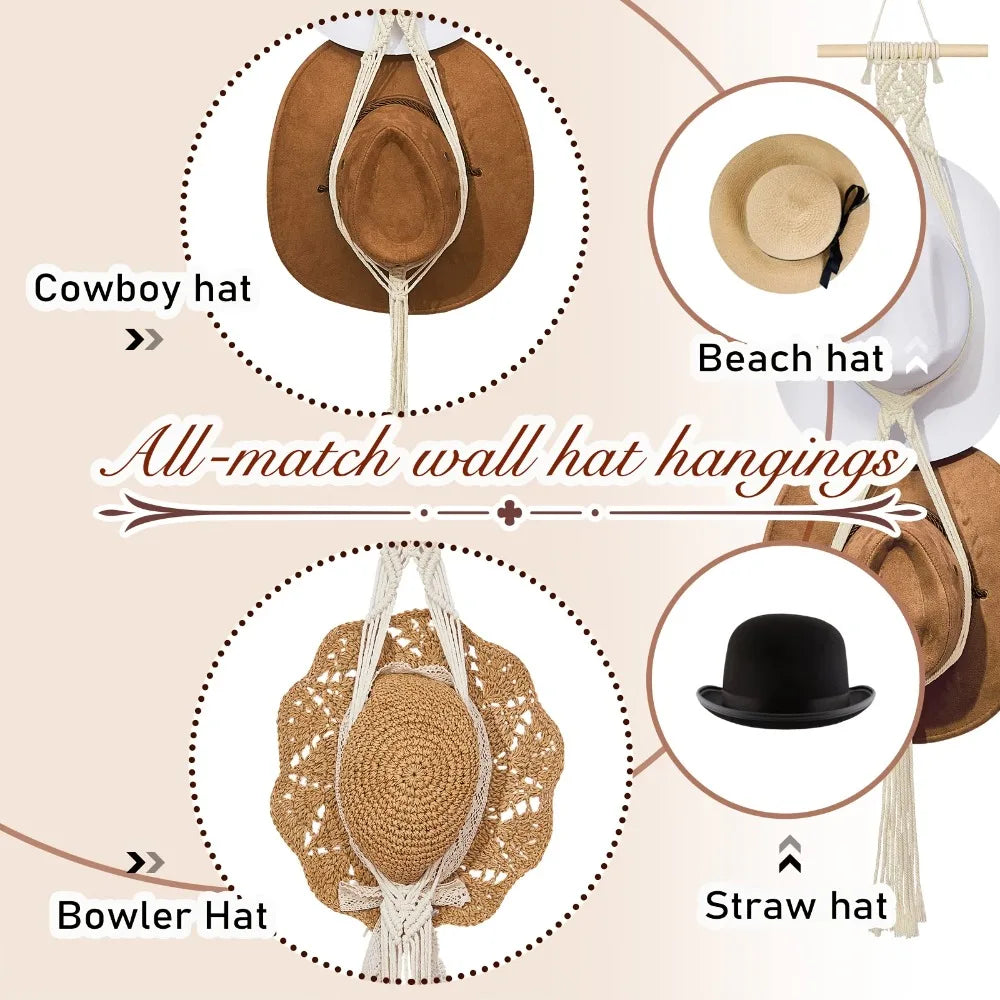 All-match wall hat hangings featuring cowboy, beach, bowler, and straw hats made with bohemian macrame