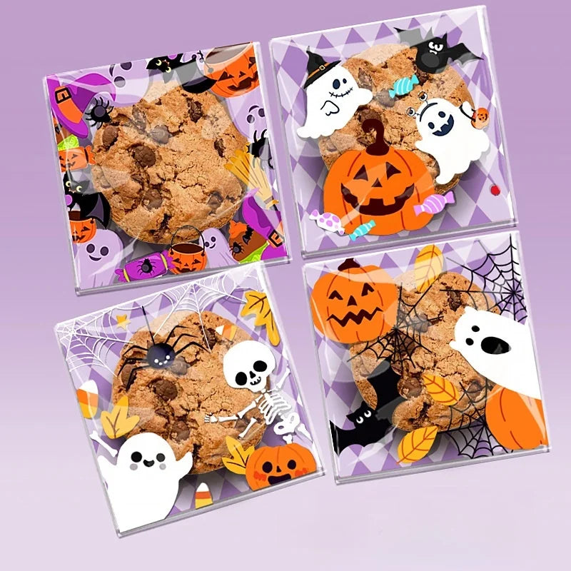 A set of four Halloween cellophane treat bags filled with pumpkin-shaped cookies and spooky decorations
