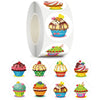 Roll of round sealing labels featuring various colorful cupcake designs for weddings, parties, and gifts