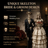 A dark gothic skeleton bride and groom statue featuring Victorian style decor.