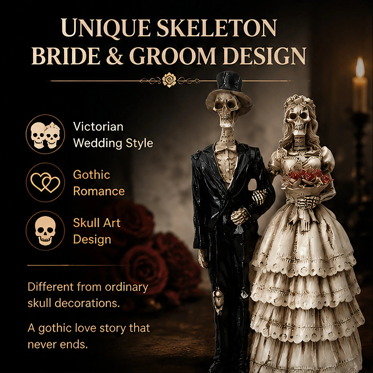 A dark gothic skeleton bride and groom statue featuring Victorian style decor.
