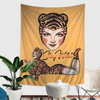 A tapestry featuring a stylized tiger head and a vintage tattoo woman design on a mustard yellow background.