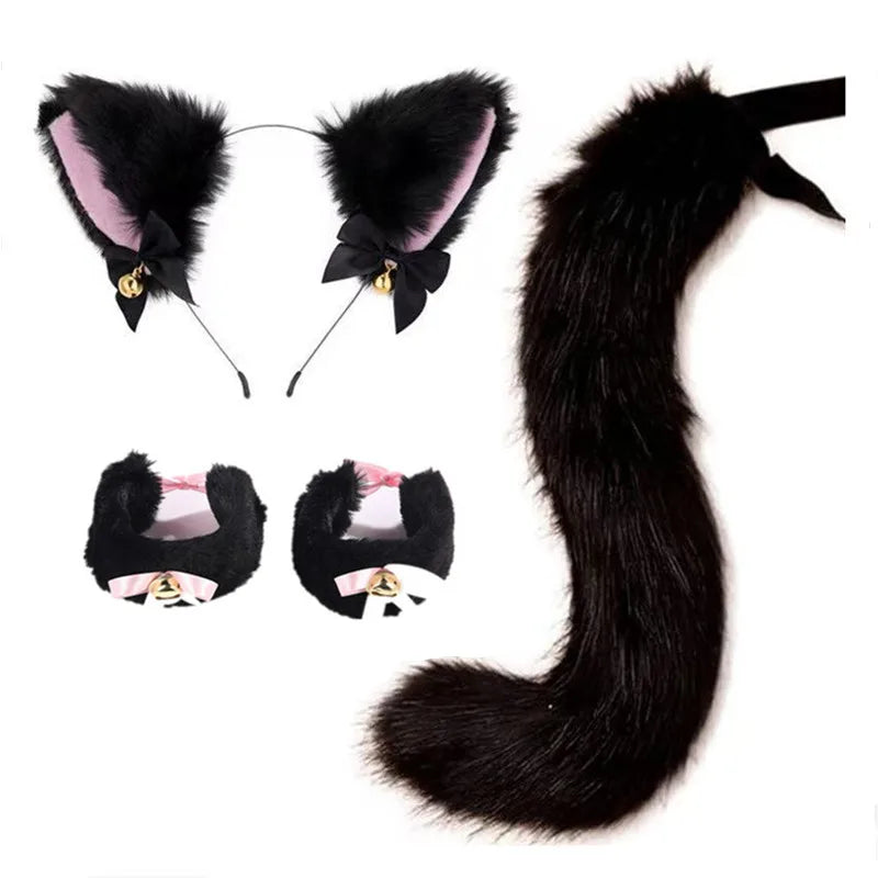 Black furry cat ear headband and tail costume set with pink accents