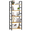 A tall, black metal bookshelf with five wooden shelves displaying books, plants, and decorative items.