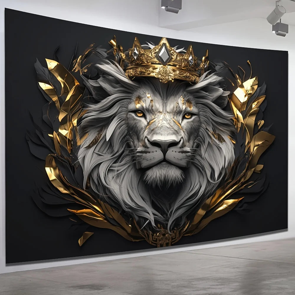 Regal Lion Crown Tapestry Wall Hanging — Vintage Black & Gold Decor