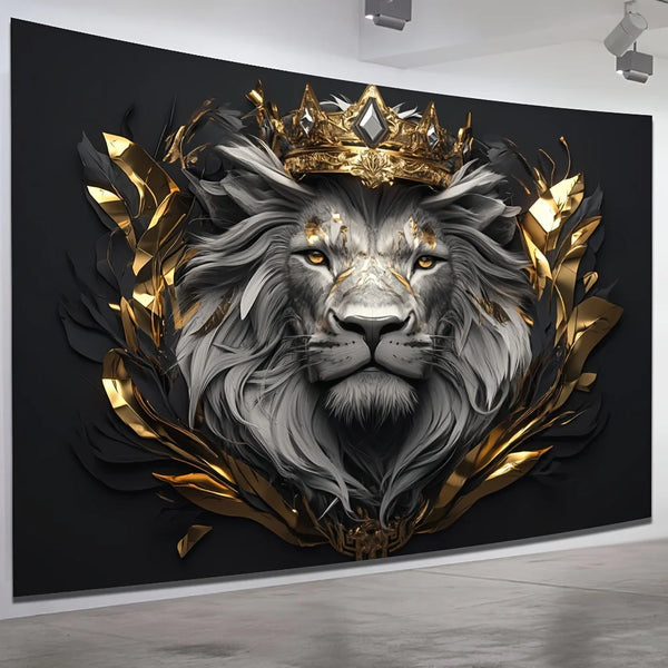 A striking wall hanging featuring a realistic lion's head with a crown, rendered in black, gray, and gold tones.