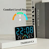 A digital alarm clock displaying 22:08, temperature 25°C, and humidity 67%, with a comfort level display.