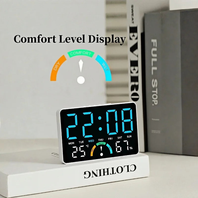 A digital alarm clock displaying 22:08, temperature 25°C, and humidity 67%, with a comfort level display.