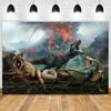 A dramatic painting featuring three dinosaurs roaring in a fiery jungle landscape.
