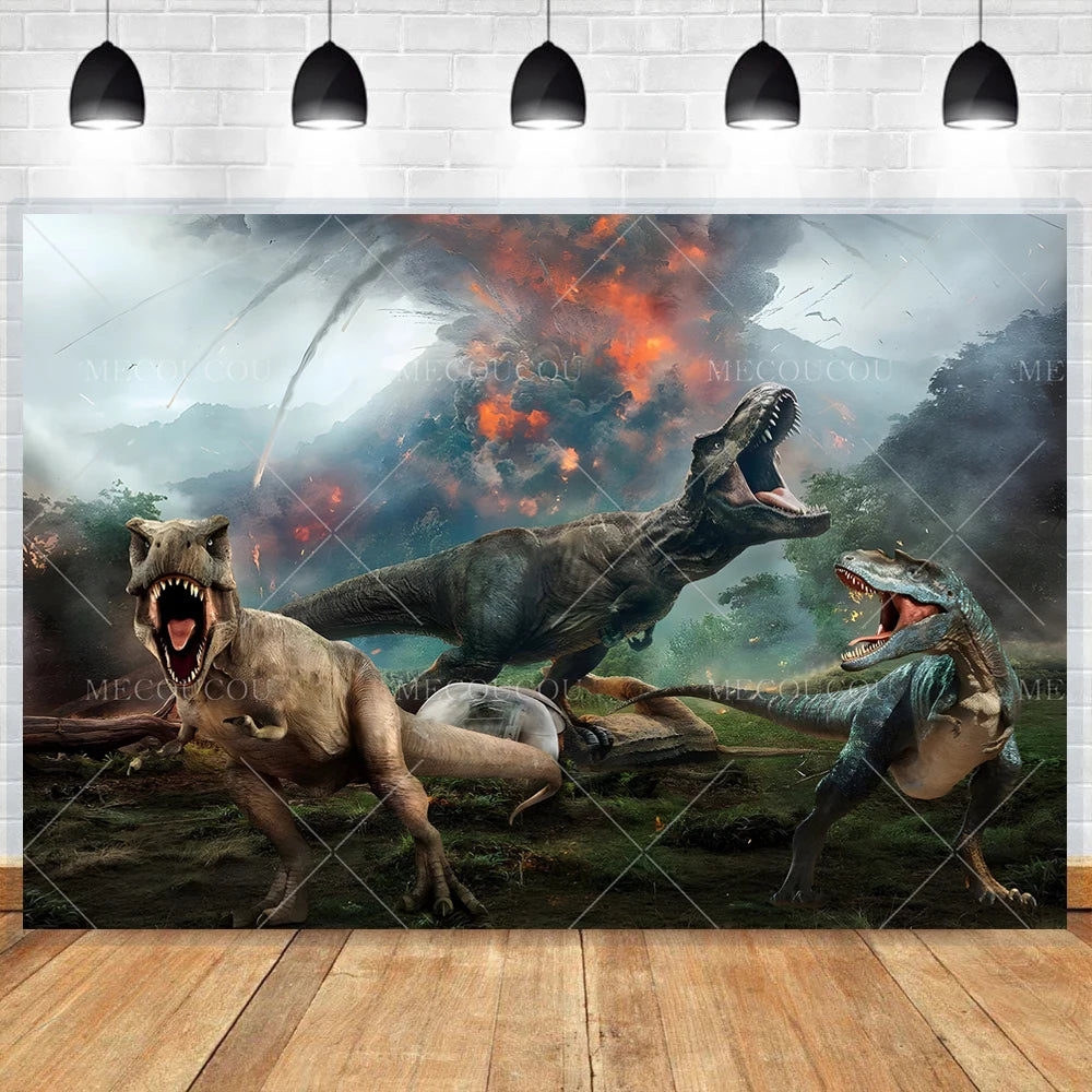 A dramatic painting featuring three dinosaurs roaring in a fiery jungle landscape.