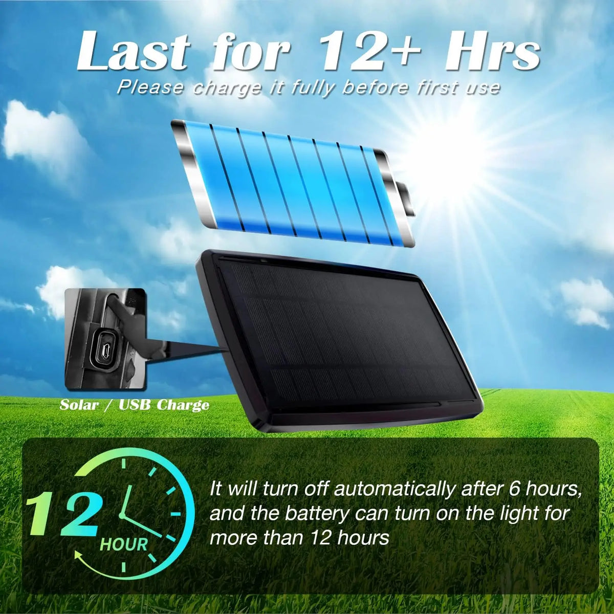 A black solar powered outdoor string light panel is shown against a bright sky, illustrating its 12+ hour battery life.