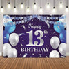 A purple party backdrop banner featuring blue balloons, confetti, and a 'Happy 13th Birthday' design.