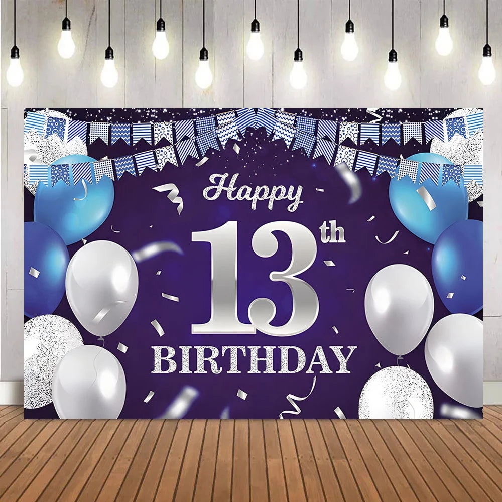 A purple party backdrop banner featuring blue balloons, confetti, and a 'Happy 13th Birthday' design.