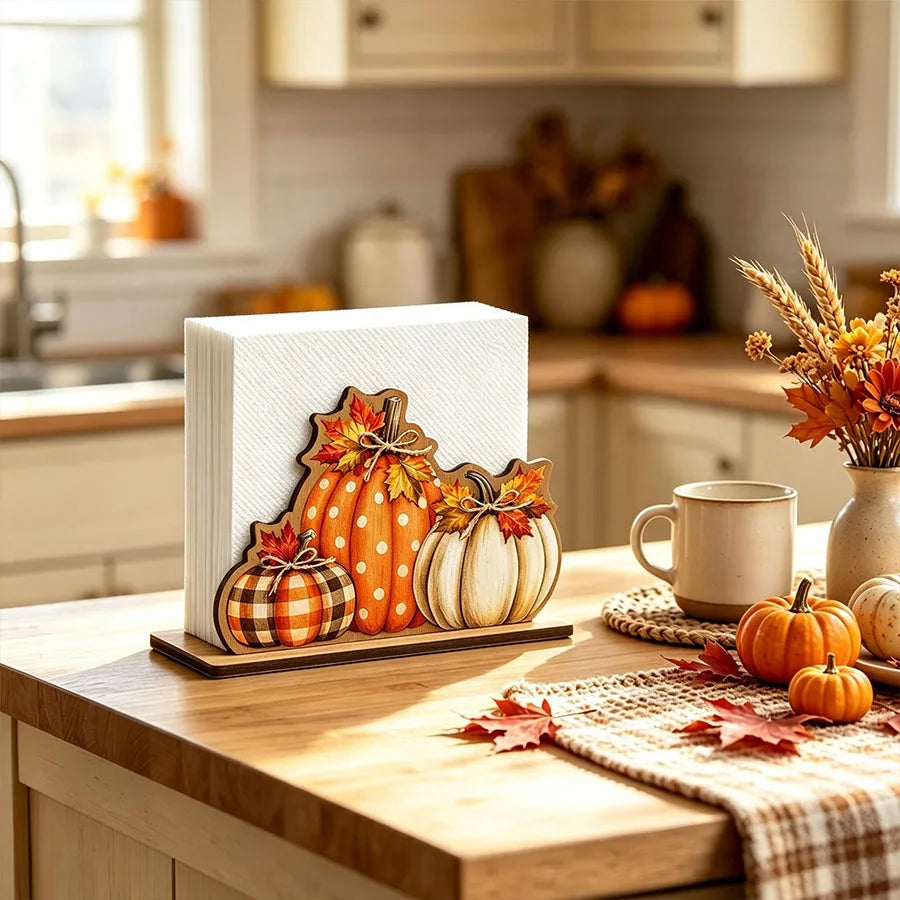 Wooden Autumn Napkin Holder with Pumpkin & Maple Leaf Design