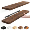 Two dark brown wooden floating wall shelves with metal brackets shown in various angles.