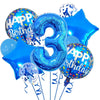 A set of navy and gold foil balloons shaped like the number 3 and a star for a birthday celebration