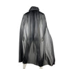 A black hooded cape made of sheer mesh fabric displayed on a mannequin.