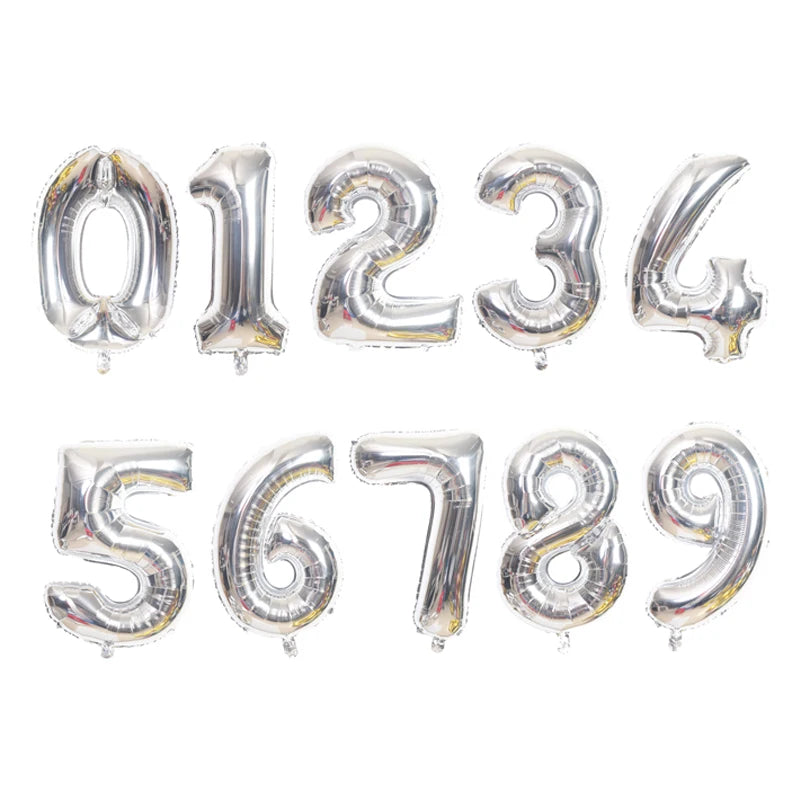 A set of rose gold and silver gradient foil balloons forming the numbers 0 through 9.