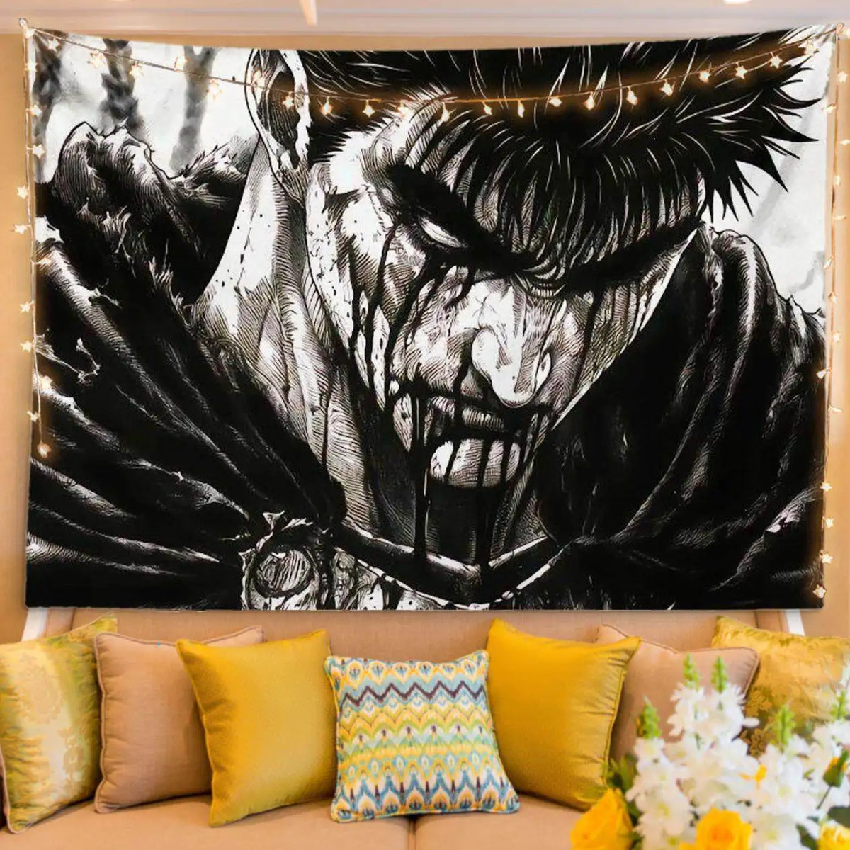 A black and white manga art tapestry featuring a fierce character's face, displayed above pillows.