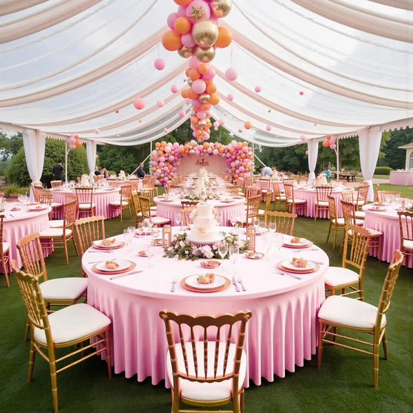 A pink stretch spandex round tablecloth with a skirt set up for an elegant outdoor event.