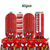 A set of 61 pieces of red and black superhero themed party tableware including plates and cups.