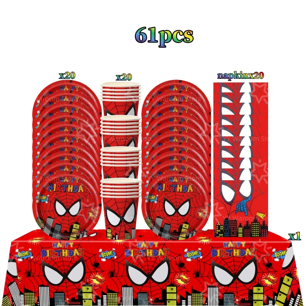 A set of 61 pieces of red and black superhero themed party tableware including plates and cups.