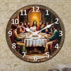 A vintage wooden wall clock depicting the Last Supper scene with twelve figures around a table.