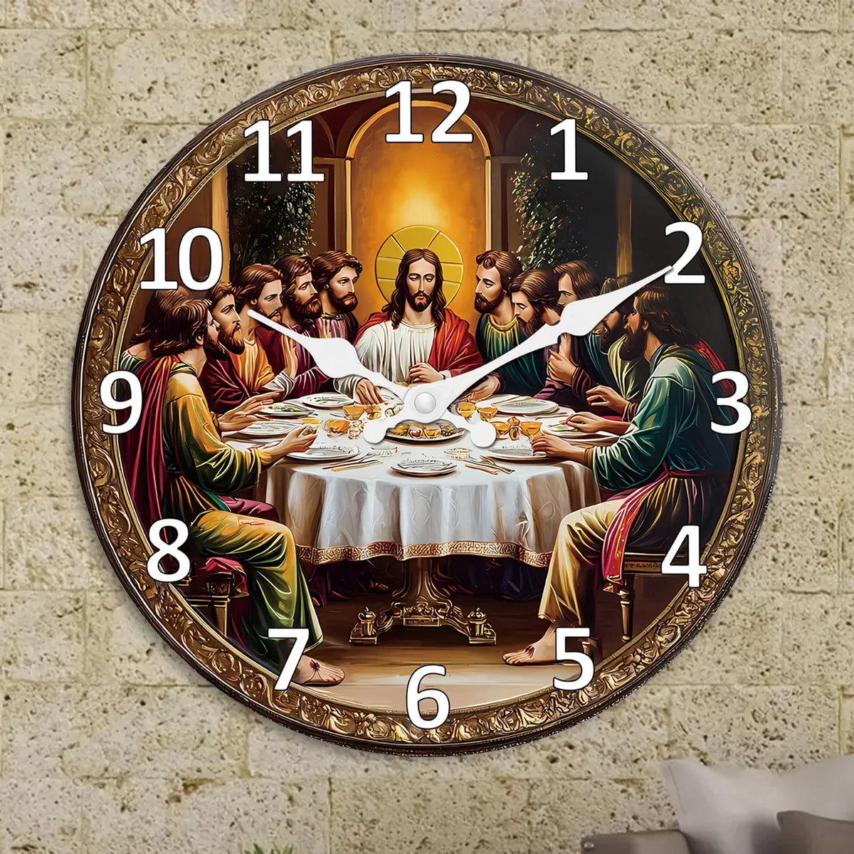 A vintage wooden wall clock depicting the Last Supper scene with twelve figures around a table.