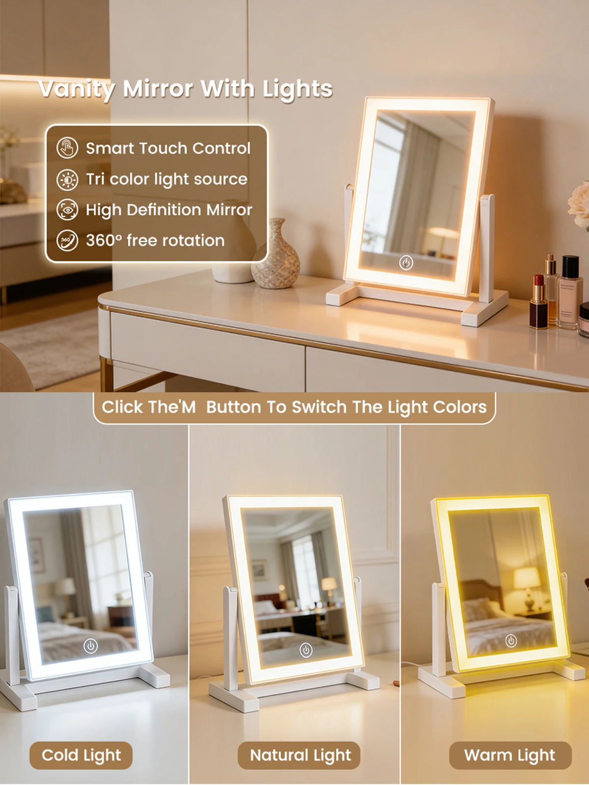 LED Makeup Mirror with 3 Color Lighting and Touch Control