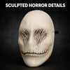 A close-up of a sculpted horror ghost face mask with detailed facial textures against a dark background.