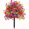 A vibrant bouquet of artificial eucalyptus violet flowers in shades of pink, red, yellow, and purple.