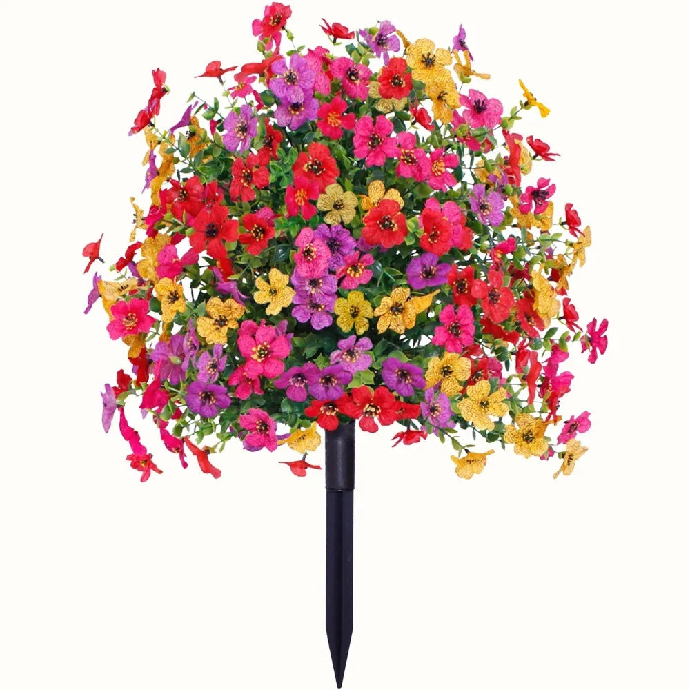 A vibrant bouquet of artificial eucalyptus violet flowers in shades of pink, red, yellow, and purple.