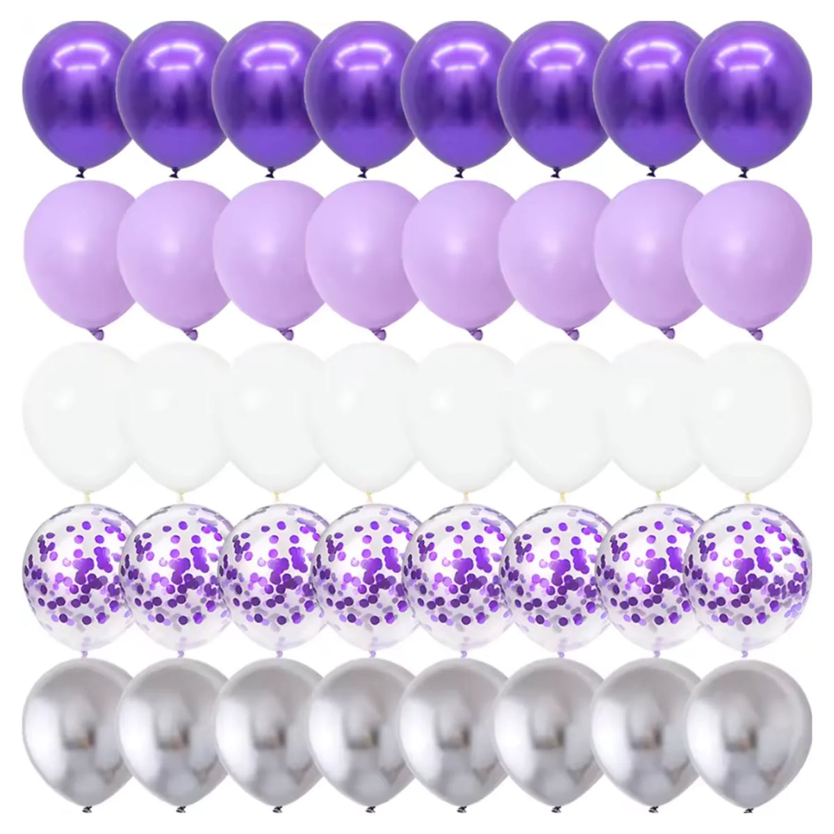 A pack of 40 matte latex balloons in silver, white, and purple colors.