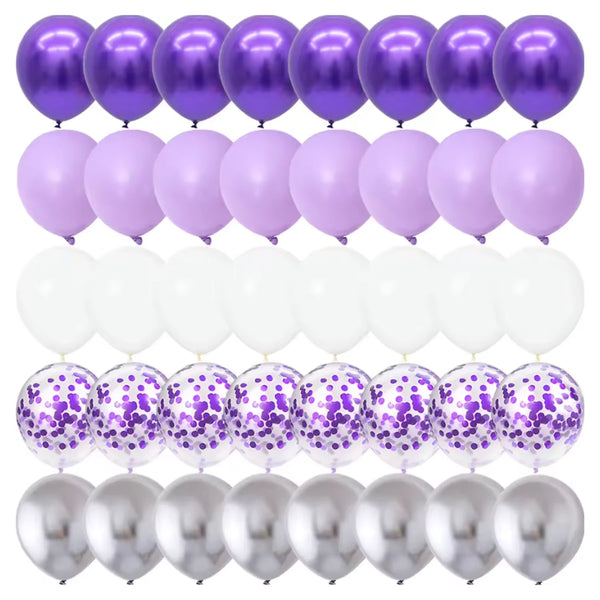 A pack of 40 matte latex balloons in silver, white, and purple colors.