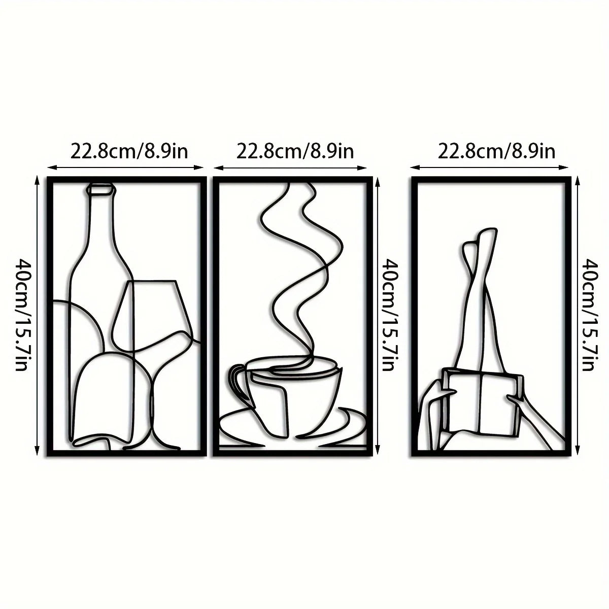 Set of three minimalist metal wall art pieces depicting a bottle, a teacup, and a rolled scroll.