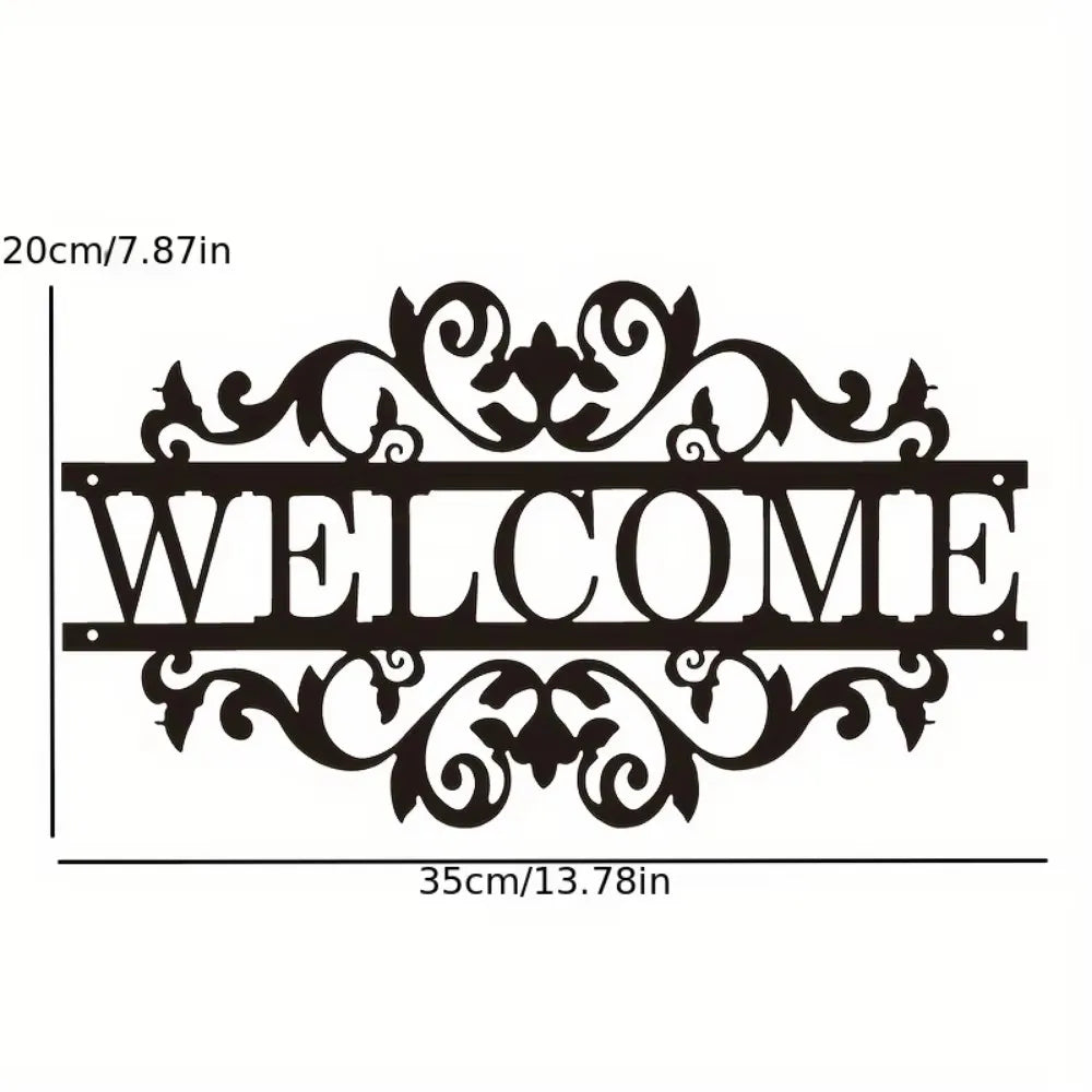 Black metal wall art with the word WELCOME in an elegant script font
