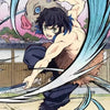 Anime style illustration of a character resembling Kyojuro Rengoku in a dynamic pose with flowing hair and fur elements.