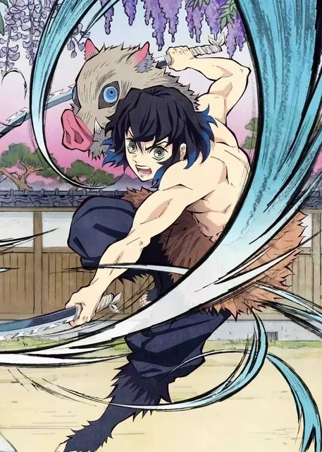 Anime style illustration of a character resembling Kyojuro Rengoku in a dynamic pose with flowing hair and fur elements.