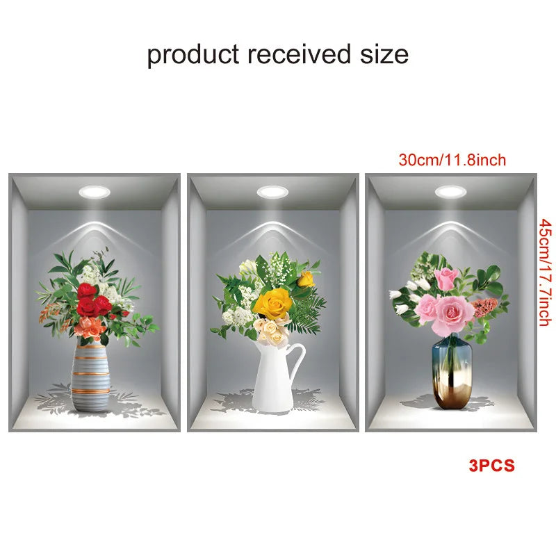 Trois arrangements floraux en pot présentés dans une boîte, montrant différentes tailles et dimensions.