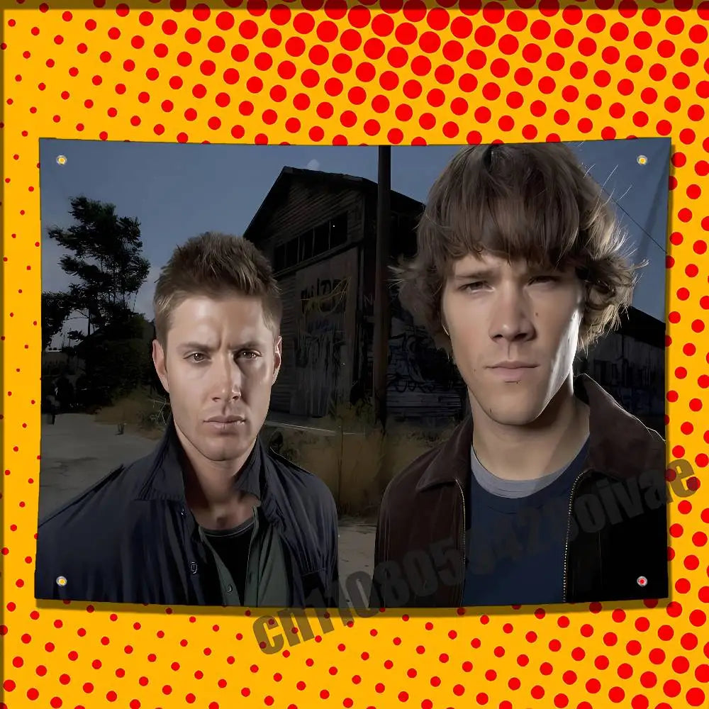 A photo of two men, likely actors or characters, against a dark background with a yellow polka-dot border.