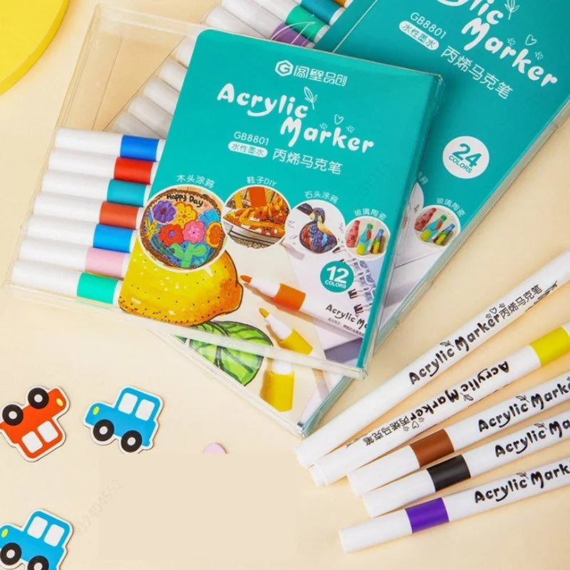 A set of 24 colored acrylic markers packaged in a clear box with various tips and paint colors.