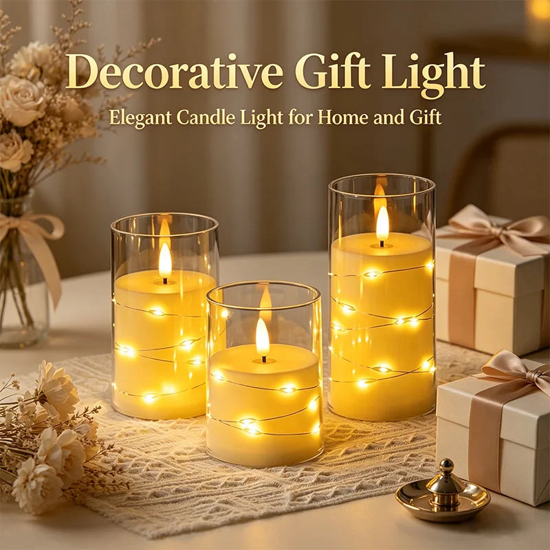 Decorative gift light featuring yellow LED star string candles glowing in glass holders on a table.