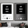 A framed poster featuring a black square with the text ANY IMAGE HERE and a music player interface.
