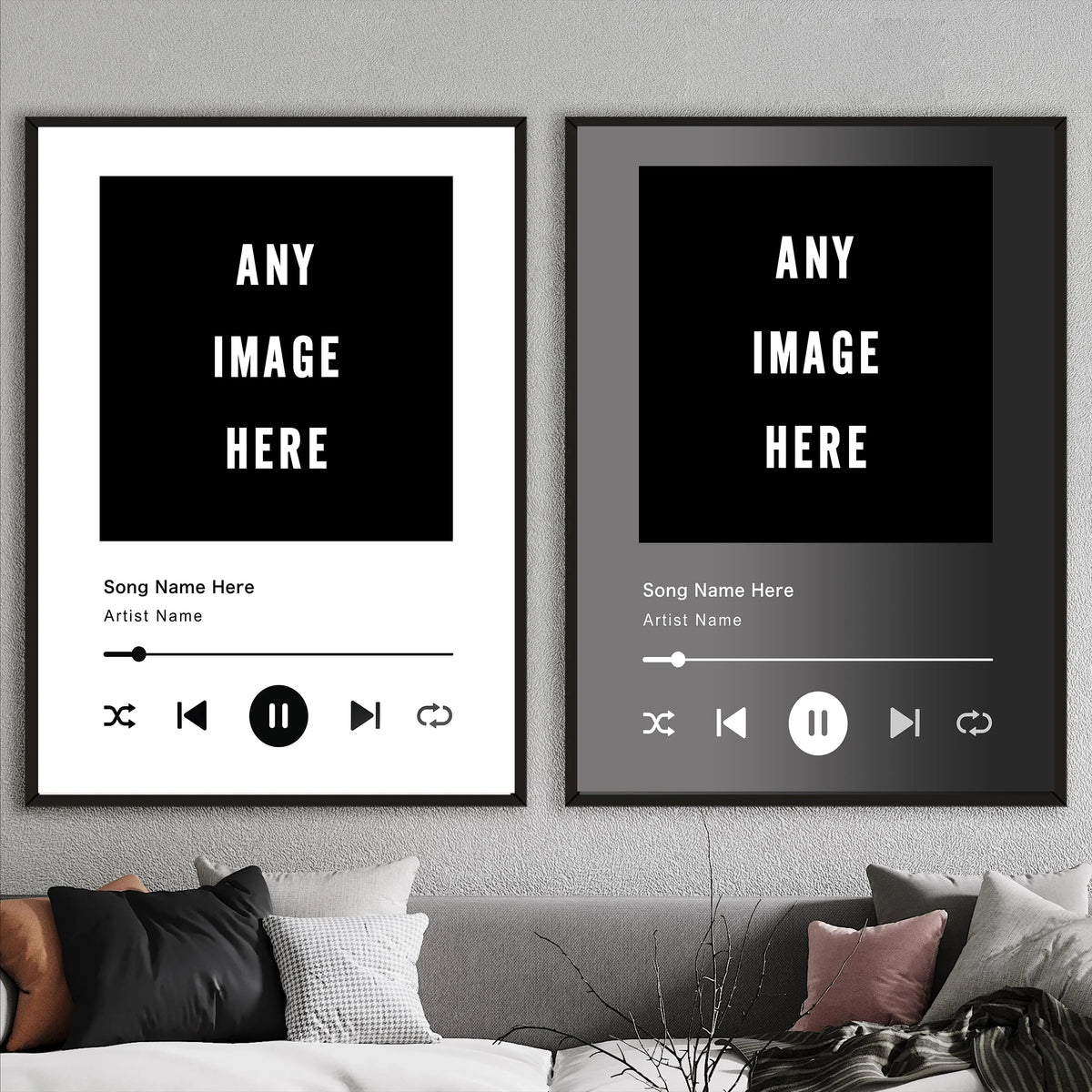 A framed poster featuring a black square with the text ANY IMAGE HERE and a music player interface.