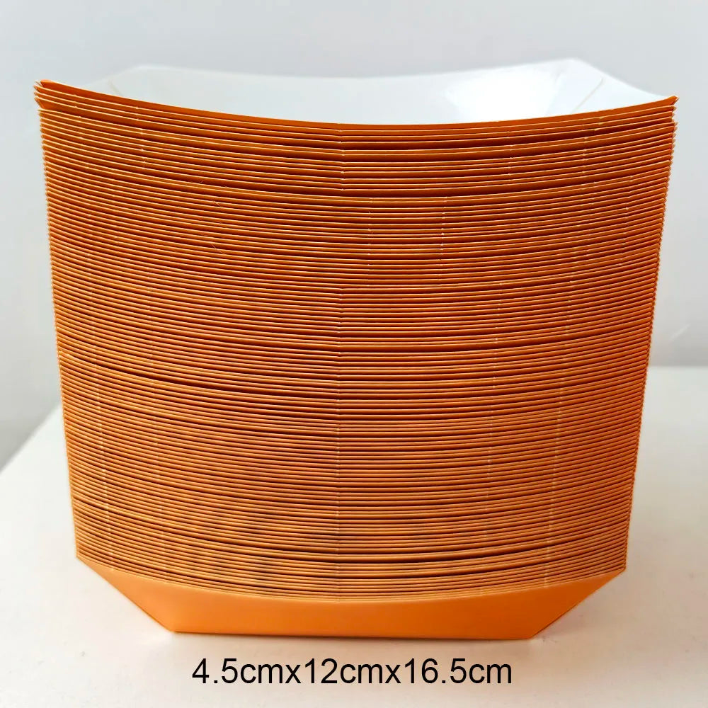 A stack of solid orange disposable paper food trays, measuring 4.5cm x 12cm x 16.5cm.