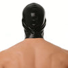Black faux leather hood mask with blindfold shown from the back