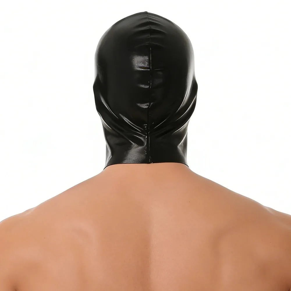 Black faux leather hood mask with blindfold shown from the back